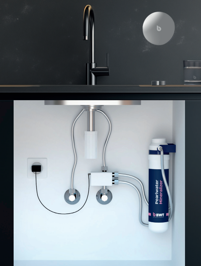 Pearlwater mineralizer in kitchen cupboard